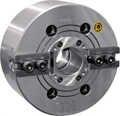 Bison - 2 Jaw, 5.31" Chuck Diam, Plain Back Mount, 34mm Through Hole Diam, Drawtube Hydraulic Power Lathe Chuck - 1.5mm x 60° Serrated Jaw Interface, 0.3149 to 5.3149" Jaw Capacity, 7,000 RPM, High Speed Steel Body - Makers Industrial Supply