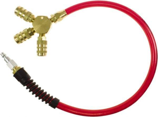 PRO-SOURCE - 3/8" ID 2' Long Lead-In Whip Hose - Manifold with (3) 6-Ball Automotive Couplers Ends, 200 Working psi, 165°, 1/4" Fitting, Transparent Red - Makers Industrial Supply