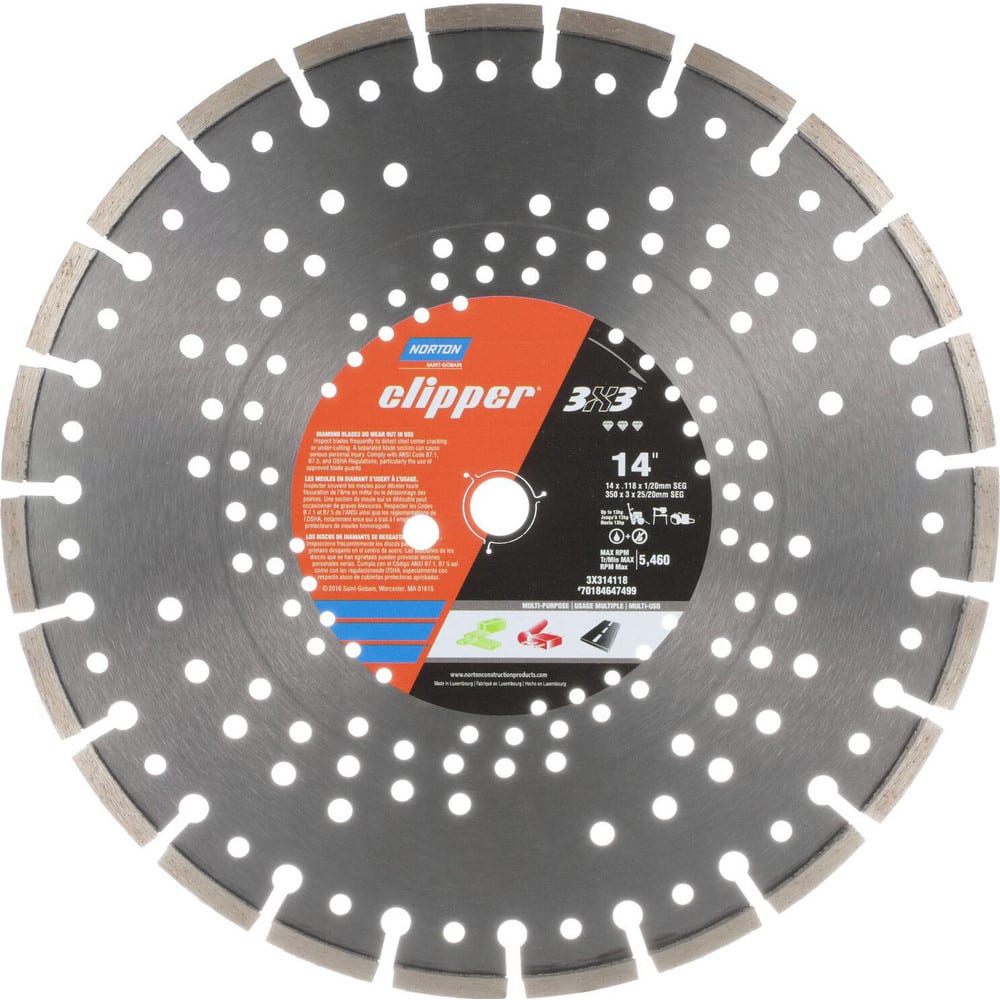 Wet & Dry Cut Saw Blade: 14″ Dia, 1″ Arbor Hole, 0.118″ Kerf Width, 23 Teeth High Speed Steel Teeth, Use on Concrete, Standard Arbor