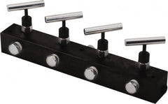 Value Collection - 3/8" Inlet, 3/8" Outlet Manifold with Four Needle Valves - 12" Long x 1.62" Wide x 4.13" High, 0.28" Mount Hole, 212°F Max, 10,000 Max PSI, 4 Inlet Ports, 4 Outlet Ports - Makers Industrial Supply