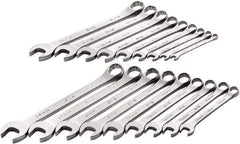 SK - 18 Piece, 1/4" to 3/4" (10mm to 18mm), 12 Point Combination Wrench Set - Inch/Metric Measurement Standard, Full Polish Chrome Finish, Comes in Roll-Up Pouch - Makers Industrial Supply