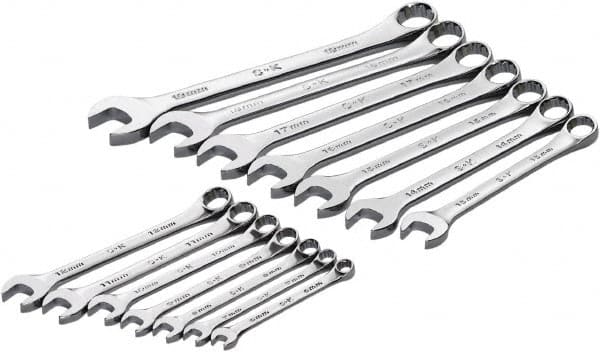 SK - 14 Piece, 6mm to 19mm, 12 Point Combination Wrench Set - Metric Measurement Standard, Full Polish Chrome Finish, Comes in Roll-Up Pouch - Makers Industrial Supply