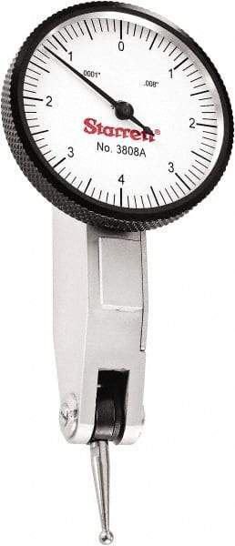 Starrett - 0.008 Inch Range, 0.0001 Inch Dial Graduation, Horizontal Dial Test Indicator - 1-1/4 Inch White Dial, 0-4-0 Dial Reading - Makers Industrial Supply