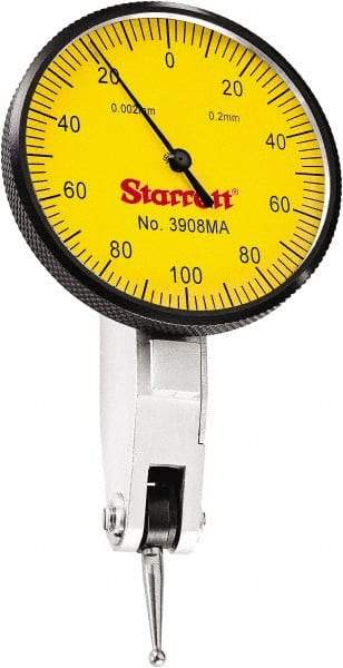 Starrett - 0.2 mm Range, 0.002 mm Dial Graduation, Horizontal Dial Test Indicator - 1-9/16 Inch Yellow Dial, 0-100-0 Dial Reading - Makers Industrial Supply