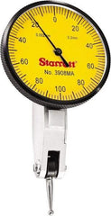 Starrett - 0.2 mm Range, 0.002 mm Dial Graduation, Horizontal Dial Test Indicator - 1-9/16 Inch Yellow Dial, 0-100-0 Dial Reading - Makers Industrial Supply