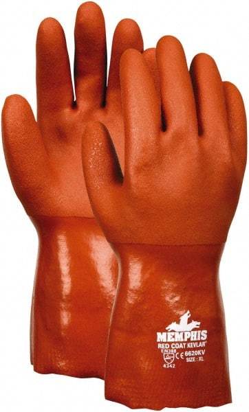 MCR Safety - Size M (8), ANSI Cut Lvl 3, Puncture Lvl 2, Abrasion Lvl 4, PVC Coated Kevlar Cut Resistant Gloves - 12" Long, Fully Coated Coated, Kevlar Lining, Gauntlet Cuff, Red, Paired - Makers Industrial Supply