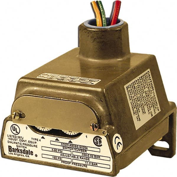 Barksdale - 0.5 to 80 psi Adjustable Range, 160 Max psi, Diaphragm Pressure Switch - 1/2 NPT Female, 18in Free Leads, 2 x SPDT Contact, 304SS Wetted Parts, 0.5% Repeatability - Makers Industrial Supply