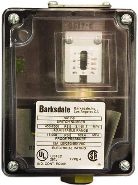 Barksdale - 450 to 7,500 psi Adjustable Range, 15,000 Max psi, Sealed Piston Pressure Switch - 1/4 NPT Female, Screw Terminals, SPDT Contact, 316SS Wetted Parts, 2% Repeatability - Makers Industrial Supply