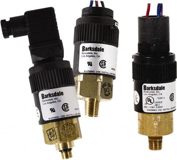 Barksdale - 22.5 to 125 psi Adjustable Range, 1,000 Max psi, Compact Pressure Switch - 1/4 NPT Male, DIN 43650, SPDT Contact, Brass Wetted Parts, 2% Repeatability - Makers Industrial Supply