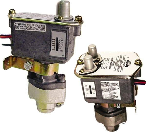 Barksdale - 15 to 200 psi Adjustable Range, 3,000 Max psi, Sealed Piston Pressure Switch - 1/4 NPT Female, 18in Free Leads, SPDT Contact, Nickel Plated Al Wetted Parts, 2% Repeatability - Makers Industrial Supply