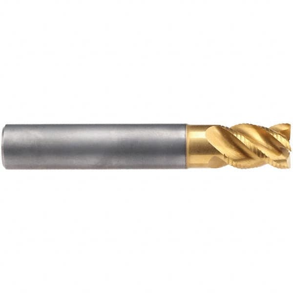 Emuge - 8mm Diam, 12mm LOC, 4 Flute Solid Carbide Roughing & Finishing End Mill - TiN/TiAlN Finish, 58mm OAL, 8mm Shank Diam, Cylindrical Shank, 45° Helix, Stub Length - Makers Industrial Supply