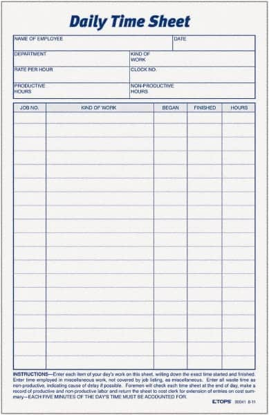 TOPS - 5-1/2" High x 8-1/2" Wide Daily Time & Job Sheets - Gray, White, Use with Manual Entries - Makers Industrial Supply