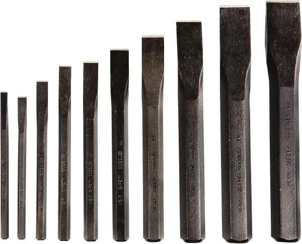 GearWrench - 10 Piece Cold Chisel Set - 5, 5-1/8, 6, 6-1/2, 7, 7-1/2 & 8" OAL, Alloy Steel, Sizes Included 1/4 to 1-1/8" - Makers Industrial Supply