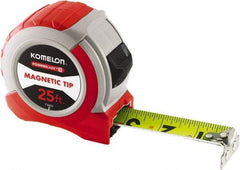 Komelon - 25' x 1-1/16" Yellow Steel Blade Tape Measure - 1/4, 1/8 & 1/16" Graduation, Red ABS Plastic Case - Makers Industrial Supply