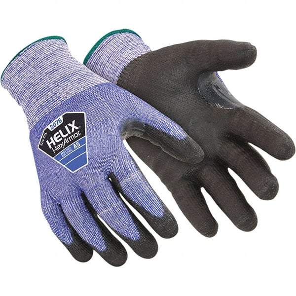 HexArmor - Size 2XS (5), ANSI Cut Lvl A5, Puncture Lvl 5, Abrasion Lvl 5, Polyurethane Coated Cut Resistant Gloves - Palm & Fingers Coated, Knit Wrist, Blue/Black, Paired - Makers Industrial Supply