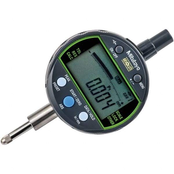 Mitutoyo - 0 to 1/2" Range, 0.00005, 0.0001 & 0.0005" Graduation, Electronic Drop Inidicator - Flat Back, 0.0001" Accuracy, LCD Display, Inch & Metric - Makers Industrial Supply