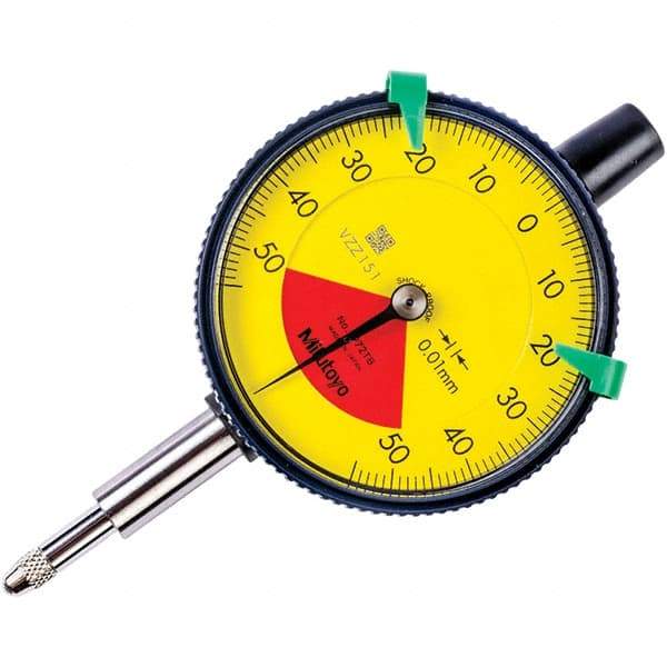 Mitutoyo - 1mm Range, 50-0-50 Dial Reading, 0.01mm Graduation Dial Drop Indicator - 57mm Dial, 1.4mm Range per Revolution, 0.04mm Accuracy - Makers Industrial Supply