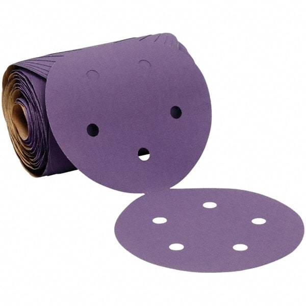 3M - 5" Diam, 320 Grit Ceramic Adhesive PSA Disc - Extra Fine Grade, Purple, Polyester Backing, Flexible, 12,000 Max RPM, Use with Random Orbital Sanders - Makers Industrial Supply