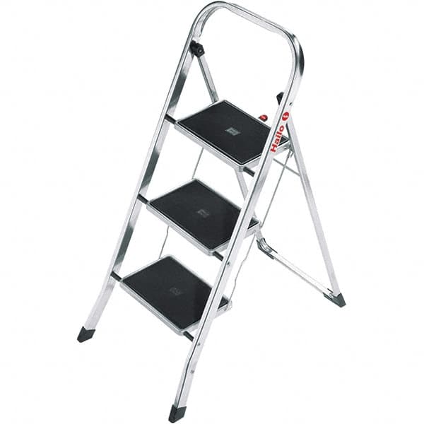 Hailo - 3 Steps, 3' 4" High, EN14183 Rating, Aluminum Step Ladder - 330 Lb Capacity, 18-1/2" Base Width - Makers Industrial Supply