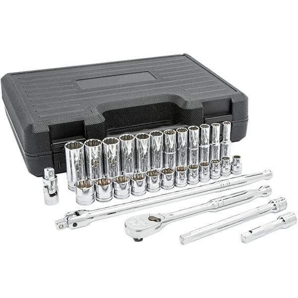 GearWrench - 29 Piece 3/8" Drive Chrome Finish Deep Well Socket Set - 12 Points, 8mm to 19mm Range, Inch/Metric Measurement Standard - Makers Industrial Supply