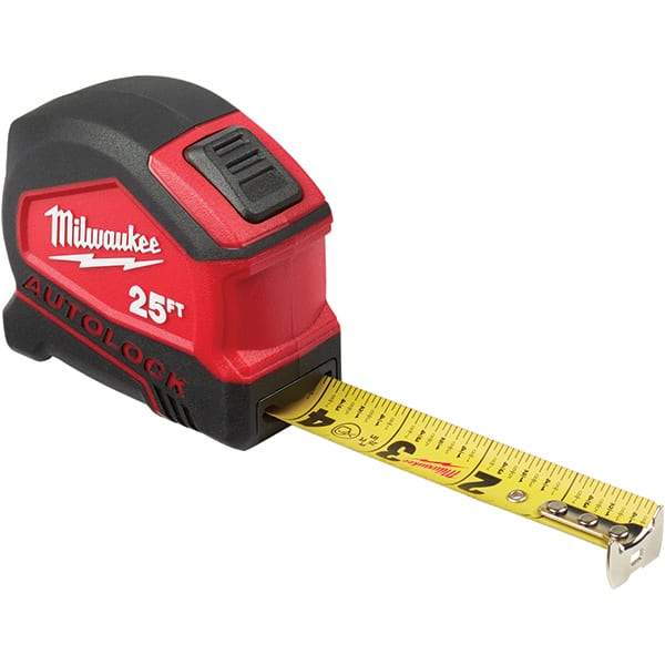 Milwaukee Tool - 25' x 1" Yellow Steel Blade Tape Measure - 1/16" & 1/10' Graduation, Inch Graduation Style, Red/Black Plastic Case - Makers Industrial Supply