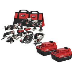 Porter-Cable - 20 Volt Cordless Tool Combination Kit - Includes 1/2" Drill/Driver, 1/4" Impact Driver, 6-1/2" Circular Saw, Reciprocating Tiger Saw, Jig Saw, Oscillating Multi-Tool, Cut-Off Tool, Grinder & Flashlight, Lithium-Ion Battery Included - Makers Industrial Supply