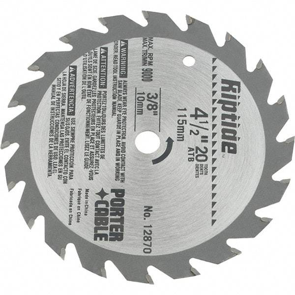 Porter-Cable - 4-1/2" Diam, 3/8" Arbor Hole Diam, 20 Tooth Wet & Dry Cut Saw Blade - Carbide-Tipped, Ripping Action, Standard Round Arbor - Makers Industrial Supply