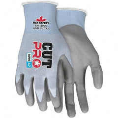 MCR Safety - Size M, ANSI Cut Lvl A2, Polyurethane Coated HPPE Fiber/Stainless Steel Cut Resistant Gloves - Palm & Fingers Coated, HPPE/Stainless Steel Blend Lining, Knit Wrist, Blue, Paired - Makers Industrial Supply