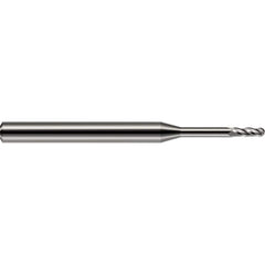 Ball End Mill: 0.1562″ Dia, 0.47″ LOC, 4 Flute, Solid Carbide 2-1/2″ OAL, 3/16″ Shank Dia, 30 ° Helix, Uncoated, Single End