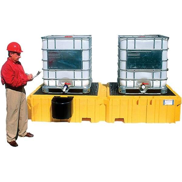 UltraTech - 535 Gal Sump Capacity, Polyethylene TWIN IBC Spill Pallet, Left Side Bucket - 61.6" Long x 22" Wide x 124-1/2" High, 8,000 Lb Capacity, 2 Totes, Includes 1 Left Side Bucket Shelf - Makers Industrial Supply