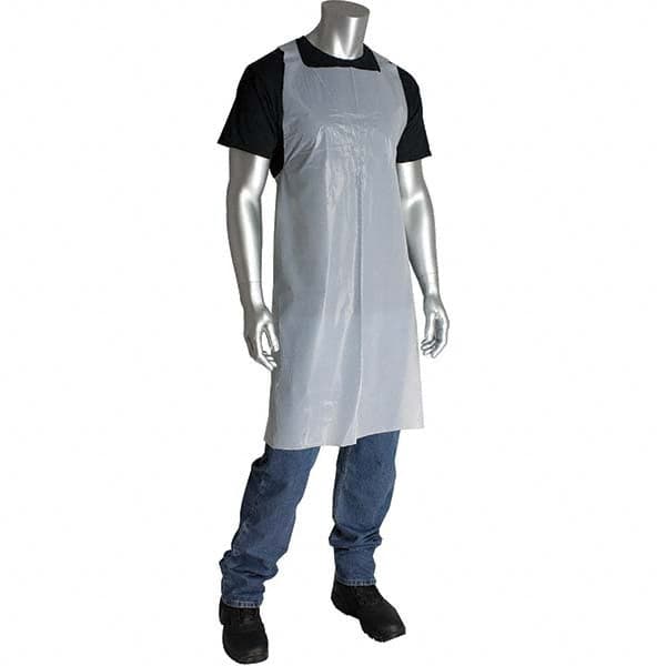 Chemical Resistant Bib Apron: Chemical-Resistant Grease-Resistant & Oil-Resistant, 28 x 46″, 1 mil Thick, White, Die Cut Edge & Dispenser Packed Polyethylene