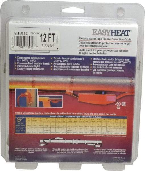 EasyHeat - 12' Long, Preassembled, Fixed Length, Fixed Wattage, Protection Heat Cable - 120 Input Volts, 84 Watts - Makers Industrial Supply