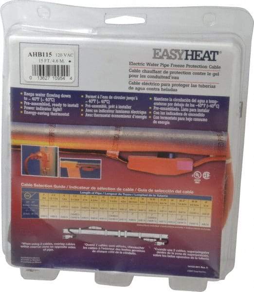 EasyHeat - 15' Long, Preassembled, Fixed Length, Fixed Wattage, Protection Heat Cable - 120 Input Volts, 105 Watts - Makers Industrial Supply