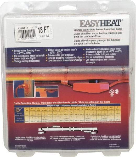 EasyHeat - 18' Long, Preassembled, Fixed Length, Fixed Wattage, Protection Heat Cable - 120 Input Volts, 126 Watts - Makers Industrial Supply