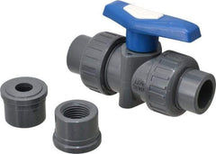 Simtech - 1/2" Pipe, Full Port, PVC True Union Design Ball Valve - Inline - Two Way Flow, FNPT x FNPT (with Socket Adapter) Ends, Tee Handle, 232 WOG - Makers Industrial Supply