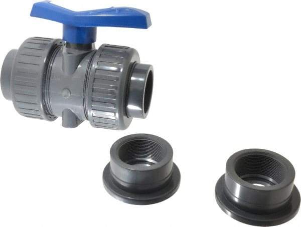 Simtech - 2" Pipe, Full Port, PVC True Union Design Ball Valve - Inline - Two Way Flow, FNPT x FNPT (with Socket Adapter) Ends, Tee Handle, 232 WOG - Makers Industrial Supply