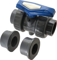 Simtech - 1-1/2" Pipe, Full Port, PVC True Union Design Ball Valve - Inline - Two Way Flow, FNPT x FNPT (with Socket Adapter) Ends, Tee Handle, 232 WOG - Makers Industrial Supply