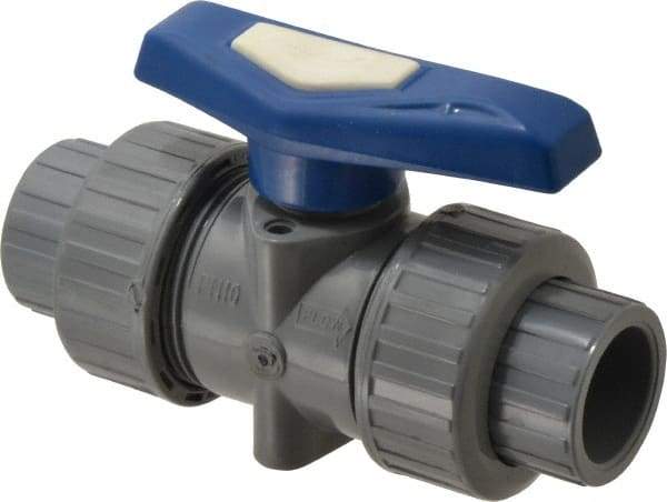 Simtech - 3/4" Pipe, Full Port, CPVC True Union Design Ball Valve - Inline - Two Way Flow, FNPT x FNPT (with Socket Adapter) Ends, Tee Handle, 232 WOG - Makers Industrial Supply