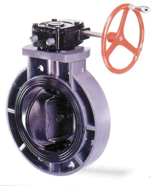 Simtech - 8" Pipe, Wafer Butterfly Valve - Gear Handle, PVC Body, EPDM Seat, 150 WOG, Polypropylene Disc, Stainless Steel Stem - Makers Industrial Supply