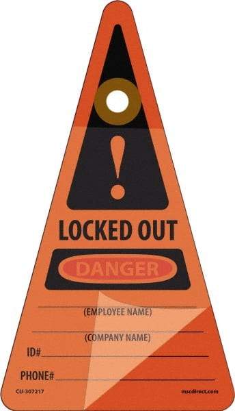 NMC - 7" High x 4" Long, LOCKED OUT - DANGER - EMPLOYEE NAME ___ COMPANY NAME ___ID#___PHONE#___, English Safety & Facility Lockout Tag - Tag Header: Danger, 1 Side, Orange Unrippable Vinyl - Makers Industrial Supply