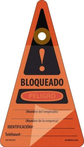 NMC - 7" High x 4" Long, BLOQUEADO - PELIGRO - Nombre del empleado___Nombre de la empresa___ IDENTIFICACION#:___Telefono#:___, Spanish Safety & Facility Lockout Tag - Tag Header: Danger, 1 Side, Orange Unrippable Vinyl - Makers Industrial Supply