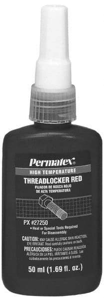 Permatex - 50 mL Bottle, Red, High Strength Liquid Threadlocker - Series 272, 24 hr Full Cure Time, Hand Tool, Heat Removal - Makers Industrial Supply