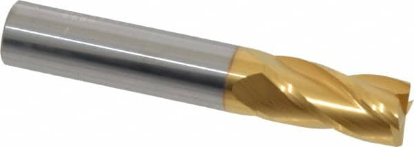 SGS - 1/2", 1" LOC, 1/2" Shank Diam, 3" OAL, 4 Flute, Solid Carbide Square End Mill - Single End, TiN Finish, Spiral Flute, 30° Helix, Centercutting, Right Hand Cut, Right Hand Flute, Series 1 - Makers Industrial Supply