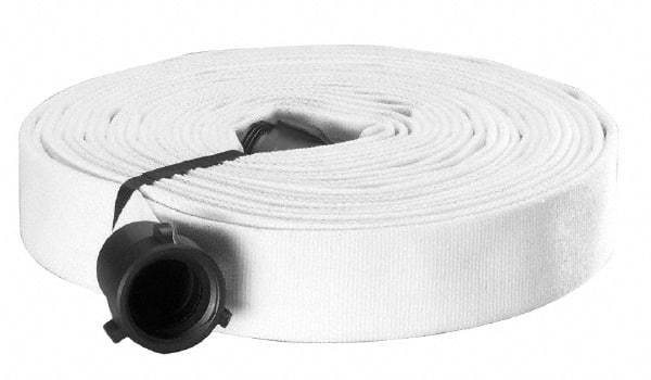 Made in USA - 1-1/2" ID x 1-3/4" OD, 150 Working psi, White Polyester/Rubber Fire Hose, Single Jacket - 1-1/2" NH/NST Ends, 50' Long, -40 to 150°F,450 Burst psi - Makers Industrial Supply