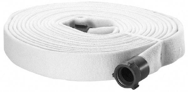 Made in USA - 1-1/2" ID x 1-15/16" OD, 400 Working psi, White Polyester/Rubber Fire Hose, Double Jacket - 1-1/2" NH/NST Ends, 50' Long, -40 to 150°F,1,200 Burst psi - Makers Industrial Supply