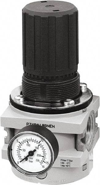 Parker - 3/4 NPT Port, 380 CFM, Aluminum Hi-Flow Regulator - 0 to 232 psi Range, 254 Max psi Supply Pressure, 1/4" Gauge Port Thread, 3-1/2" Wide x 7.2" High - Makers Industrial Supply