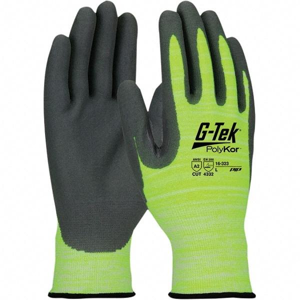 PIP - Size L, ANSI Cut Lvl A2, Puncture Lvl 2, Abrasion Lvl 4, Nitrile Coated PolyKor Cut Resistant Gloves - Palm & Fingers Coated, Knit Wrist, Hi-Vis Yellow, Paired - Makers Industrial Supply