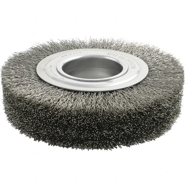 Brush Research Mfg. - 6" OD, 2" Arbor Hole, Crimped Stainless Steel Wheel Brush - 1-3/8" Face Width, 1-1/8" Trim Length, 4,500 RPM - Makers Industrial Supply