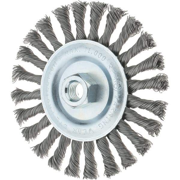 Tru-Maxx - 6" OD, 5/8-11 Arbor Hole, Knotted Steel Wheel Brush - 1/2" Face Width, 1-3/8" Trim Length, 0.02" Filament Diam, 12,500 RPM - Makers Industrial Supply