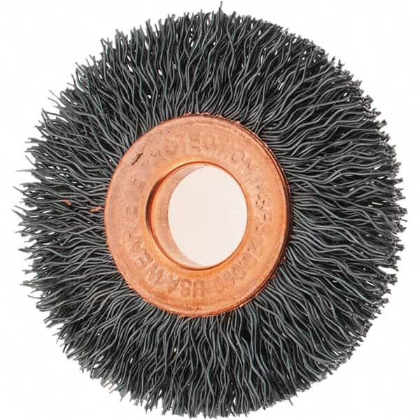 Tru-Maxx - 1-1/2" OD, 3/8" Arbor Hole, Crimped Steel Wheel Brush - 1/4" Face Width, 7/16" Trim Length, 0.0104" Filament Diam, 20,000 RPM - Makers Industrial Supply